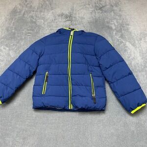 Gerry Puffer Jacket Boys 6 Blue Neon Green Hooded Lined Zipper Pockets Winter